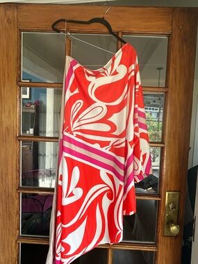 fab'rik One-Shoulder Asymmetric Dress in Red, Pink & White